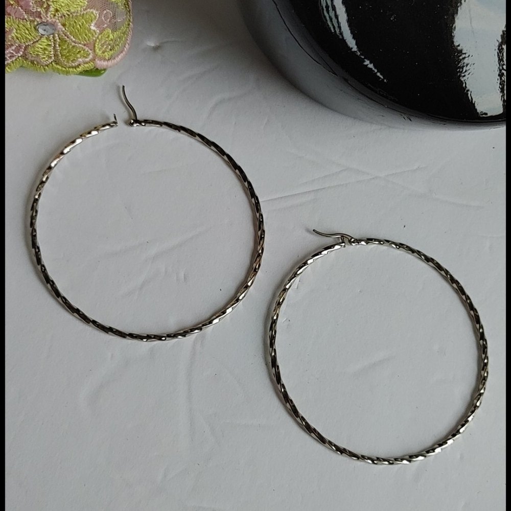 Silver Stainless Steel Large 3" Swirl Hoop Earrings - Picture 2 of 4
